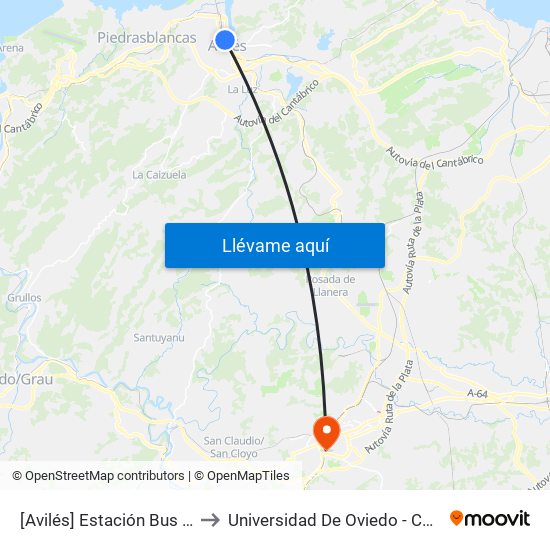 [Avilés]  Estación Bus Avilés [Cta 00161] to Universidad De Oviedo - Campus De Llamaquique map