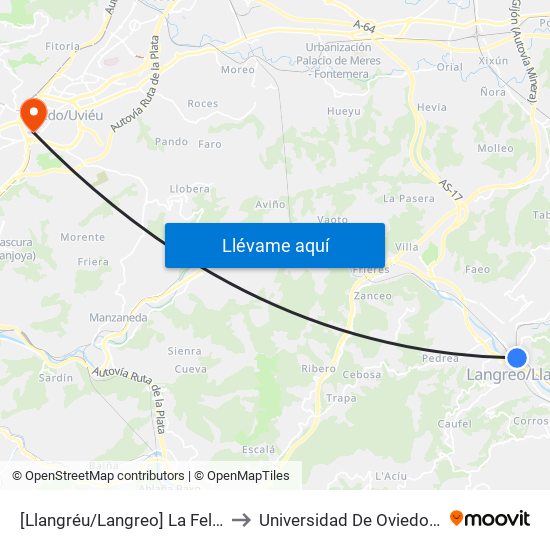[Llangréu/Langreo]  La Felguera - Ganzábal [Cta 00419] to Universidad De Oviedo - Campus De Llamaquique map