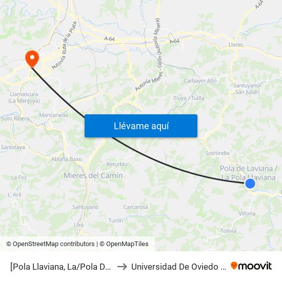 [Pola Llaviana, La/Pola De Laviana]  Cidan [Cta 00462] to Universidad De Oviedo - Campus De Llamaquique map
