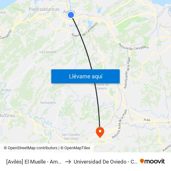 [Avilés]  El Muelle - Ambulatorio [Cta 00742] to Universidad De Oviedo - Campus De Llamaquique map
