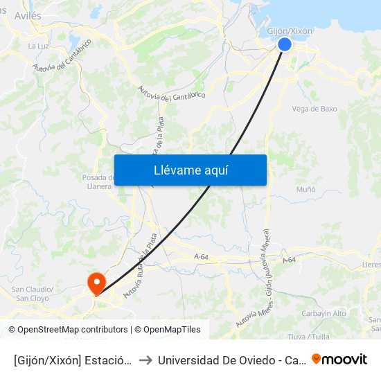 [Gijón/Xixón]  Estación Alsa [Cta 00784] to Universidad De Oviedo - Campus De Llamaquique map