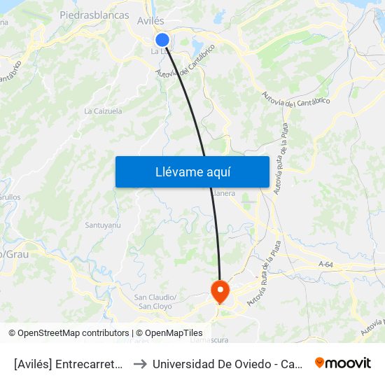 [Avilés]  Entrecarreteras [Cta 01091] to Universidad De Oviedo - Campus De Llamaquique map