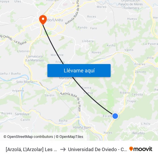 [Arzolá, L'|Arzolar]  Les Escueles [Cta 01134] to Universidad De Oviedo - Campus De Llamaquique map