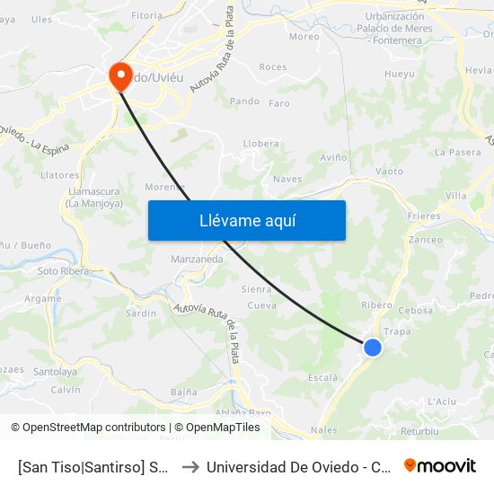 [San Tiso|Santirso]  San Tiso [Cta 01138] to Universidad De Oviedo - Campus De Llamaquique map