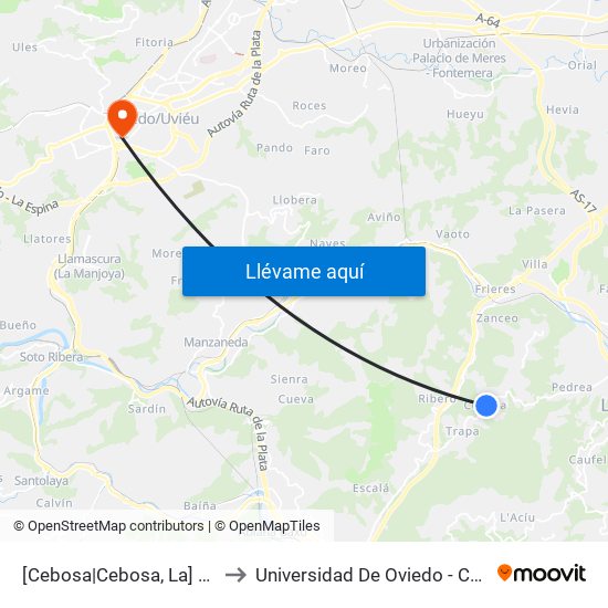 [Cebosa|Cebosa, La]  Cebosa [Cta 01142] to Universidad De Oviedo - Campus De Llamaquique map