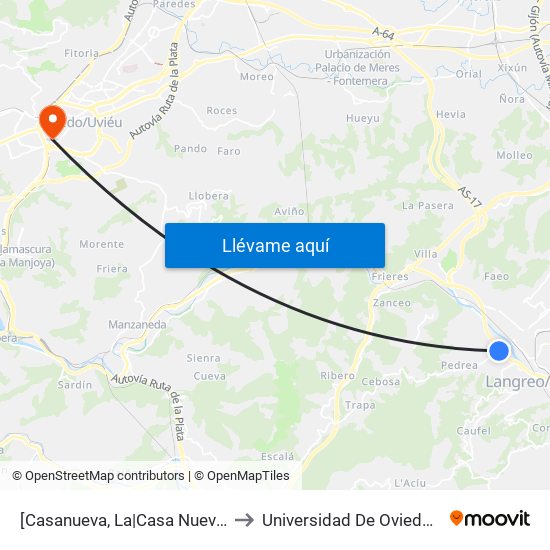 [Casanueva, La|Casa Nueva, La]  Nalón - Lada [Cta 01154] to Universidad De Oviedo - Campus De Llamaquique map