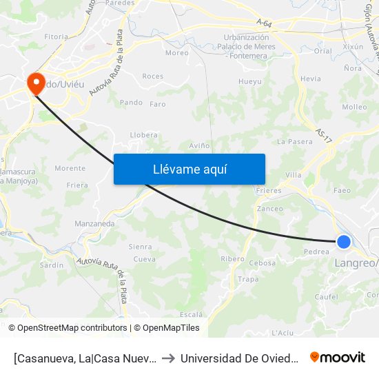 [Casanueva, La|Casa Nueva, La]  Nalón - Lada [Cta 01155] to Universidad De Oviedo - Campus De Llamaquique map