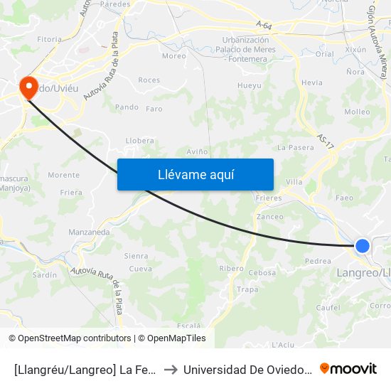 [Llangréu/Langreo]  La Felguera - Norte 52 [Cta 01156] to Universidad De Oviedo - Campus De Llamaquique map