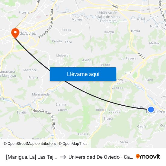 [Manigua, La]  Las Tejeras 2 [Cta 01162] to Universidad De Oviedo - Campus De Llamaquique map