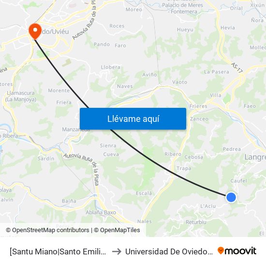 [Santu Miano|Santo Emiliano]  Santu Miano [Cta 01166] to Universidad De Oviedo - Campus De Llamaquique map