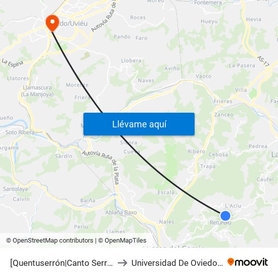 [Quentuserrón|Canto Serrón]  Quentuserrón [Cta 01172] to Universidad De Oviedo - Campus De Llamaquique map