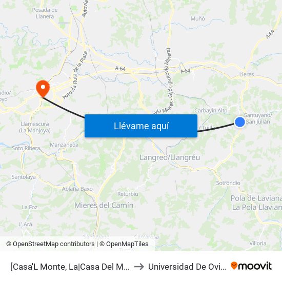 [Casa'L Monte, La|Casa Del Monte]  La Casa'L Monte - Baragaña [Cta 01202] to Universidad De Oviedo - Campus De Llamaquique map