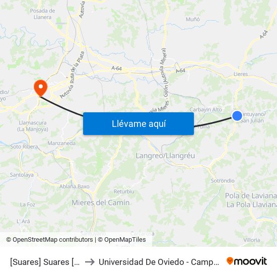 [Suares]  Suares [Cta 01204] to Universidad De Oviedo - Campus De Llamaquique map