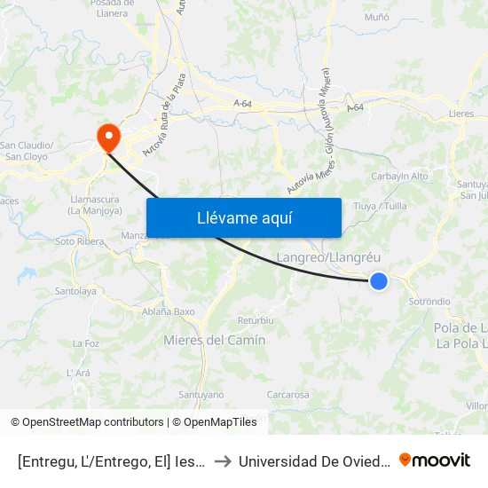 [Entregu, L'/Entrego, El]  Ies Virgen De Covadonga [Cta 01212] to Universidad De Oviedo - Campus De Llamaquique map