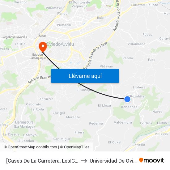 [Cases De La Carretera, Les|Casas De La Carretera]  Bendones 1 [Cta 01239] to Universidad De Oviedo - Campus De Llamaquique map