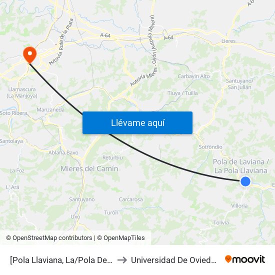 [Pola Llaviana, La/Pola De Laviana]  Solavega [Cta 01253] to Universidad De Oviedo - Campus De Llamaquique map