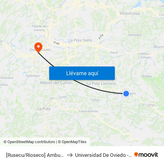 [Rusecu/Rioseco]  Ambulatorio Rusecu [Cta 01260] to Universidad De Oviedo - Campus De Llamaquique map