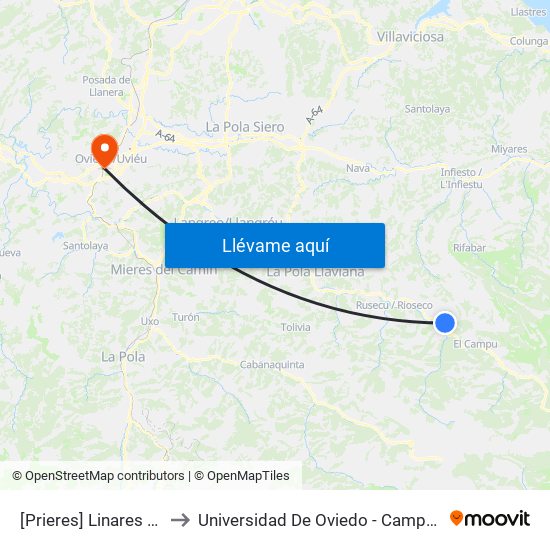 [Prieres]  Linares [Cta 01262] to Universidad De Oviedo - Campus De Llamaquique map