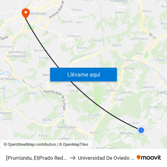 [Prurriúndu, El|Prado Redondo]  Entrerríos [Cta 01268] to Universidad De Oviedo - Campus De Llamaquique map