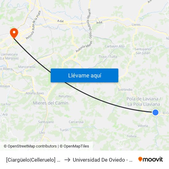 [Ciargüelo|Celleruelo]  Ciargüelo [Cta 01289] to Universidad De Oviedo - Campus De Llamaquique map