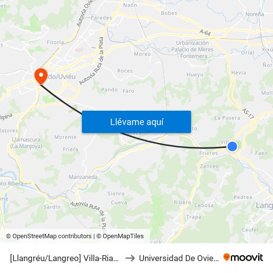 [Llangréu/Langreo]  Villa-Riaño - Hospital Valle Del Nalón [Cta 01296] to Universidad De Oviedo - Campus De Llamaquique map
