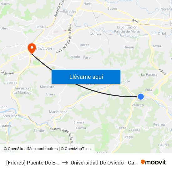 [Frieres]  Puente De El Viso [Cta 01297] to Universidad De Oviedo - Campus De Llamaquique map