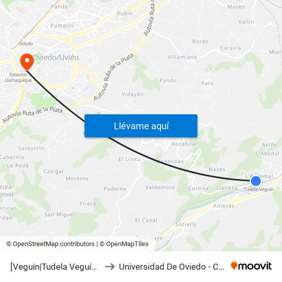 [Veguín|Tudela Veguín]  Renfe [Cta 01303] to Universidad De Oviedo - Campus De Llamaquique map
