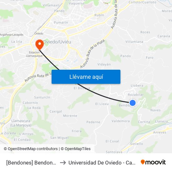 [Bendones]  Bendones 2 [Cta 01308] to Universidad De Oviedo - Campus De Llamaquique map