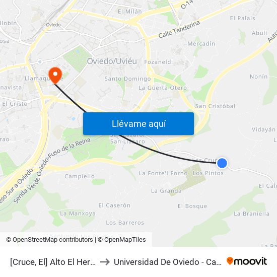 [Cruce, El]  Alto El Herrador [Cta 01311] to Universidad De Oviedo - Campus De Llamaquique map