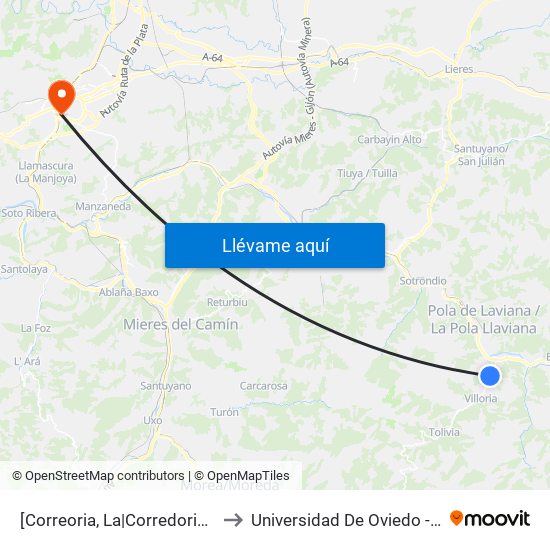 [Correoria, La|Corredoria]  La Correoria [Cta 01316] to Universidad De Oviedo - Campus De Llamaquique map