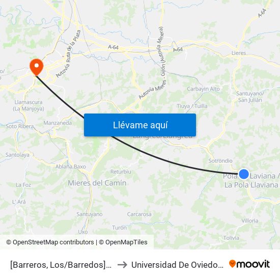 [Barreros, Los/Barredos]  Carretera Tiraña [Cta 01354] to Universidad De Oviedo - Campus De Llamaquique map