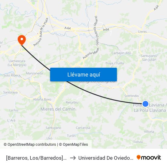 [Barreros, Los/Barredos]  Carretera Tiraña [Cta 01355] to Universidad De Oviedo - Campus De Llamaquique map