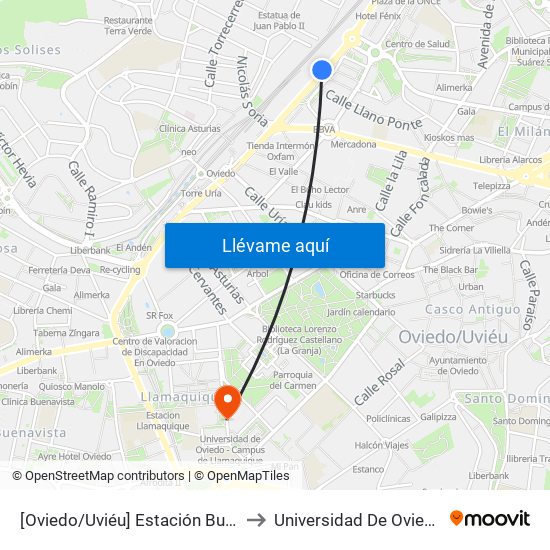 [Oviedo/Uviéu]  Estación Bus Oviedo - Pepe Cosmen [Cta 01549] to Universidad De Oviedo - Campus De Llamaquique map