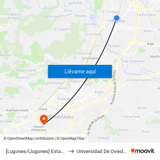 [Lugones/Llugones]  Estación Renfe Lugones [Cta 02471] to Universidad De Oviedo - Campus De Llamaquique map