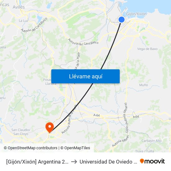 [Gijón/Xixón]  Argentina 25 Avda - Ateneo [Cta 02928] to Universidad De Oviedo - Campus De Llamaquique map