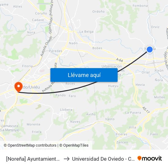 [Noreña]  Ayuntamiento Noreña [Cta 03544] to Universidad De Oviedo - Campus De Llamaquique map