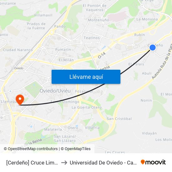 [Cerdeño]  Cruce Limanes [Cta 03608] to Universidad De Oviedo - Campus De Llamaquique map
