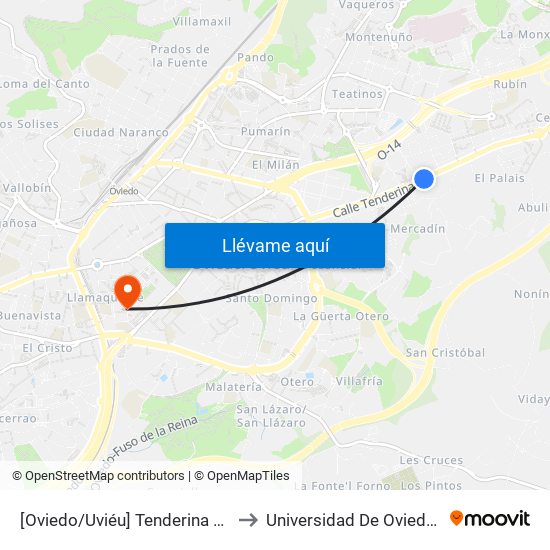 [Oviedo/Uviéu]  Tenderina 120 - Caleya Cordero [Cta 03611] to Universidad De Oviedo - Campus De Llamaquique map
