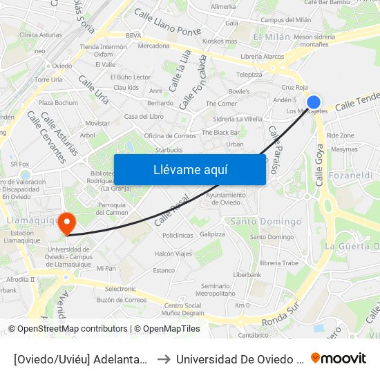 [Oviedo/Uviéu]  Adelantado De La Florida [Cta 03614] to Universidad De Oviedo - Campus De Llamaquique map