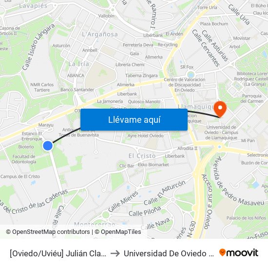 [Oviedo/Uviéu]  Julián Clavería - Hospital [Cta 03630] to Universidad De Oviedo - Campus De Llamaquique map