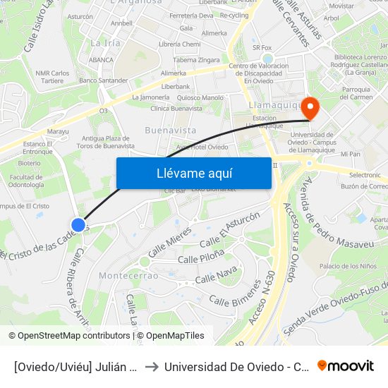 [Oviedo/Uviéu]  Julián Clavería [Cta 03631] to Universidad De Oviedo - Campus De Llamaquique map