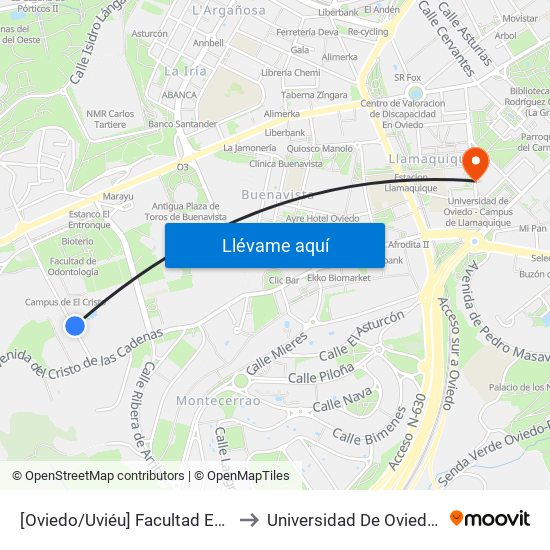 [Oviedo/Uviéu]  Facultad Económicas - El Cristo [Cta 03632] to Universidad De Oviedo - Campus De Llamaquique map