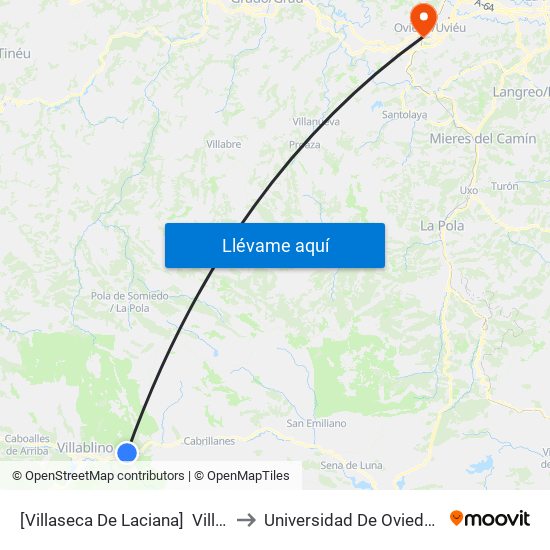 [Villaseca De Laciana]  Villaseca De Laciana 3 [Cta 05950] to Universidad De Oviedo - Campus De Llamaquique map