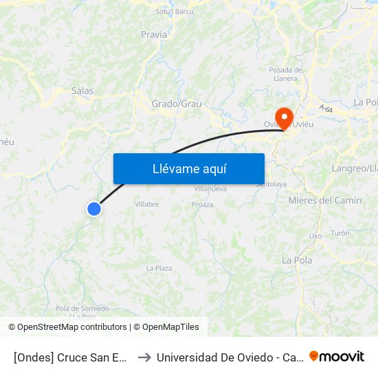 [Ondes]  Cruce San Esteban [Cta 06004] to Universidad De Oviedo - Campus De Llamaquique map
