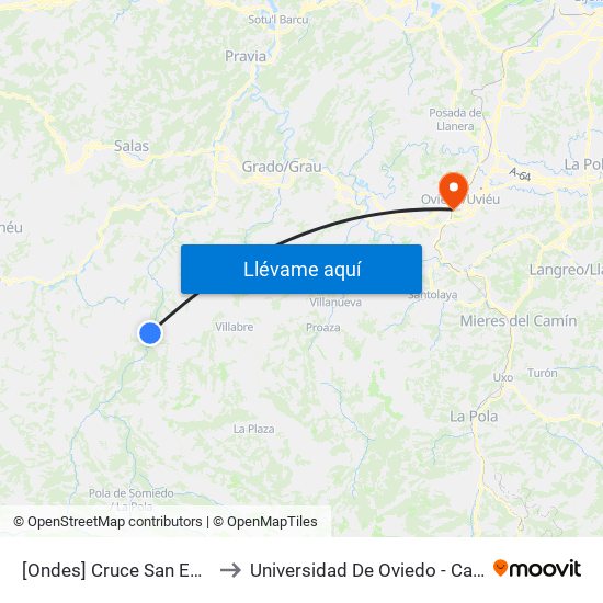 [Ondes]  Cruce San Esteban [Cta 06005] to Universidad De Oviedo - Campus De Llamaquique map