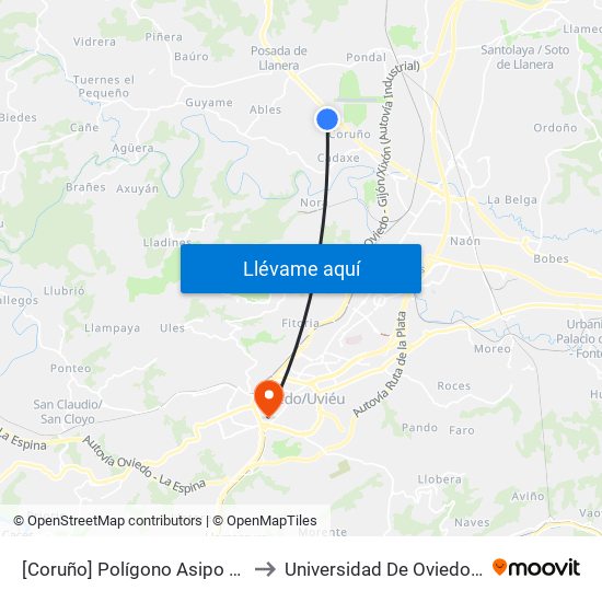 [Coruño]  Polígono Asipo Calle A - Parcela 4 [Cta 06066] to Universidad De Oviedo - Campus De Llamaquique map