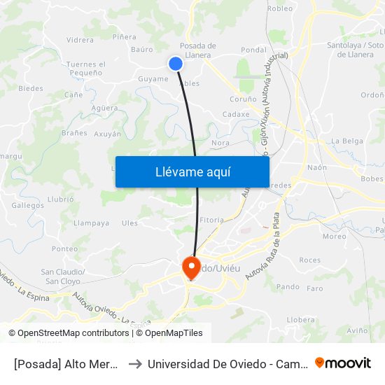 [Posada]  Alto Merón [Cta 06075] to Universidad De Oviedo - Campus De Llamaquique map