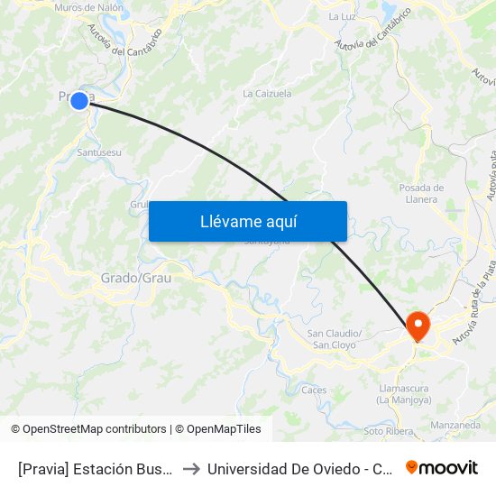 [Pravia]  Estación Bus Pravia [Cta 06085] to Universidad De Oviedo - Campus De Llamaquique map