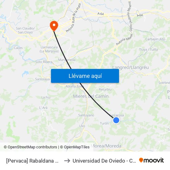 [Pervaca]  Rabaldana De Arriba [Cta 06164] to Universidad De Oviedo - Campus De Llamaquique map