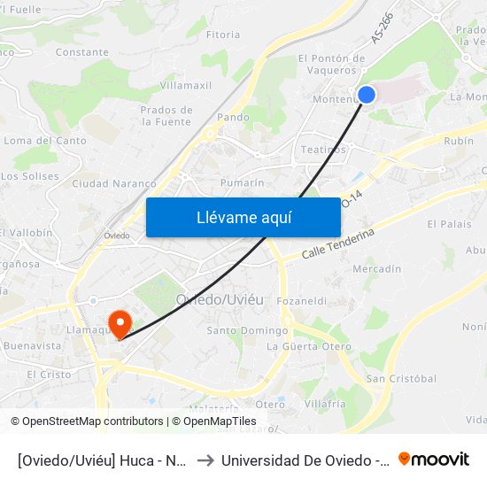 [Oviedo/Uviéu]  Huca - Nuevo Hospital [Cta 16751] to Universidad De Oviedo - Campus De Llamaquique map